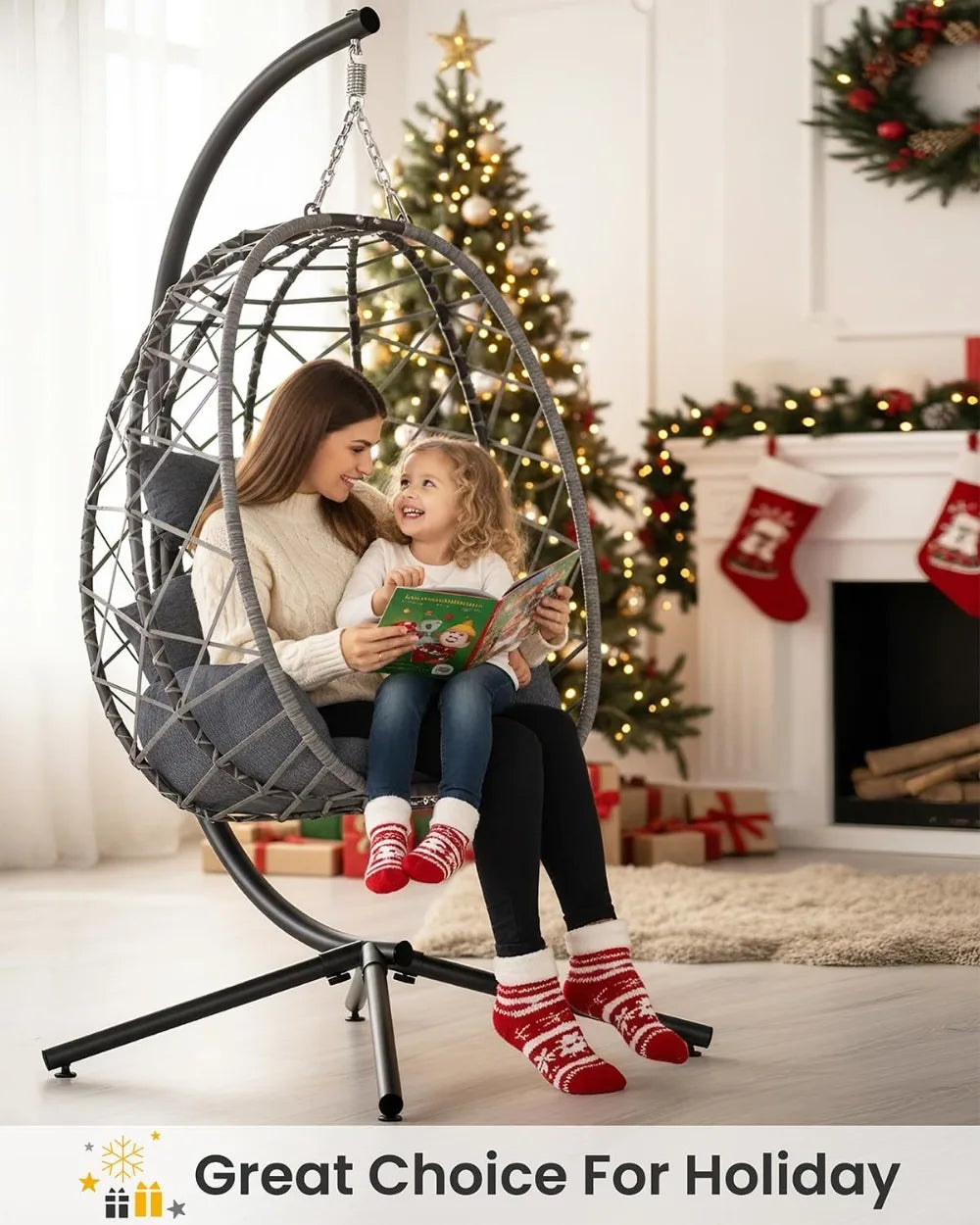 Hanging Egg Chair with Stand, Outdoor Rattan Wicker Swing with Cushion, Heavy Duty Patio Hammock for Garden, 400LBS Capacity