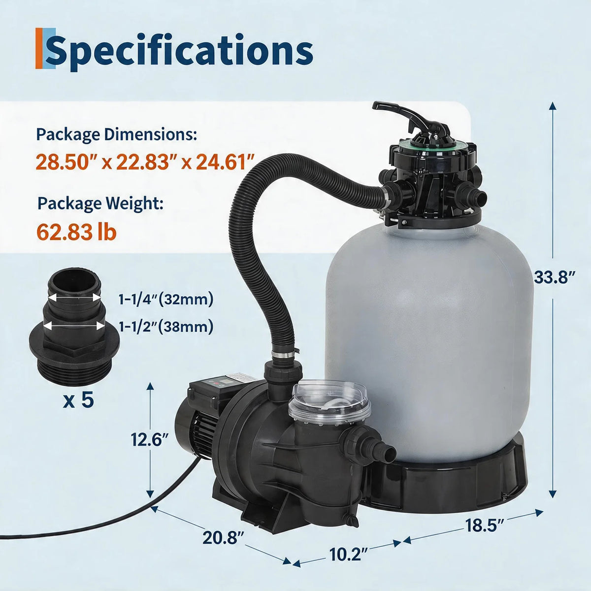 Garvee Above Ground Pool Sand Filter System, 19 Inch 1.5HP 6075 GPH Pump With 7-Way Valve, Timer And Strainer Basket
