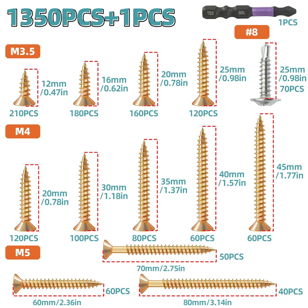 1350pcs Carbon Steel Phillips Wood Screws Assortment Kit, Flat-Head And Phillips Designs, Common Sizes M3.5/M4/M5/#8, Heavy Duty Self-Tapping Fasteners with Anti-Slip Matching Wrench, Sturdy Double Layer Storage Box, Hardware