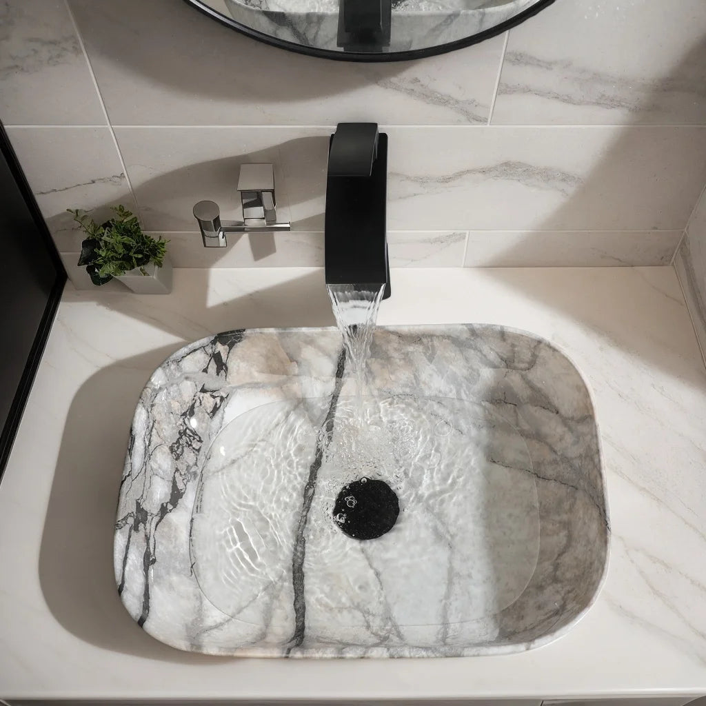 ZAPPO Artistic Marble Pattern Ceramic Sink Set, Black Matte Faucet Combo, Modern Bathroom Above-Counter Basin.