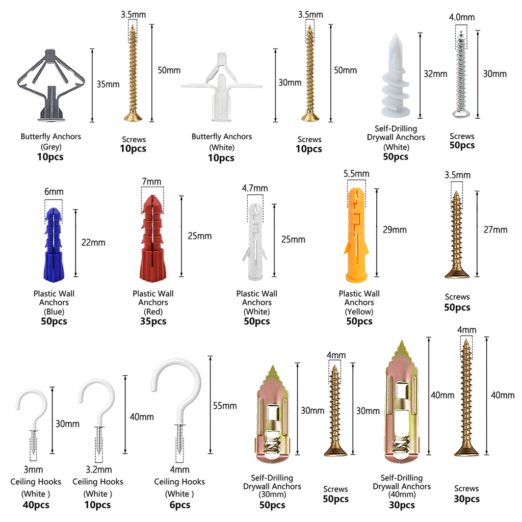 VXXM 591PCS All-in-One Wall Anchors and Screws Kit, No Pre-Drilling Self Drilling & Butterfly Anchors with Hooks & Drill Bits, Heavy 
Duty Hanging Hardware for Home DIY Projects