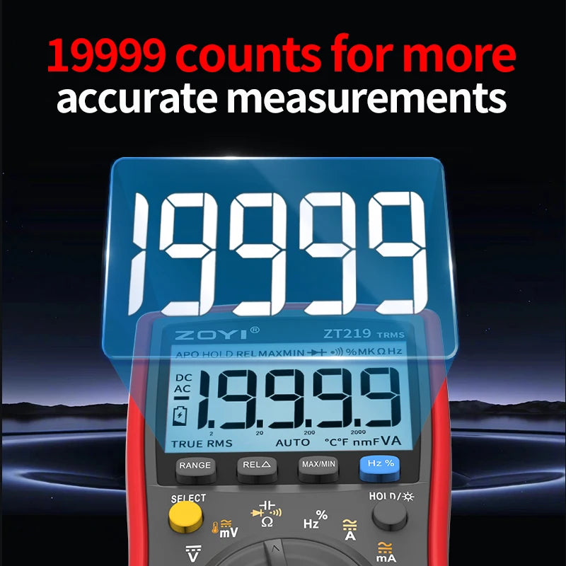 ZOYI Digital Multimeter ZT-219, all-function 4.5-digit true RMS high-precision multimeter with full-range burn-out protection.