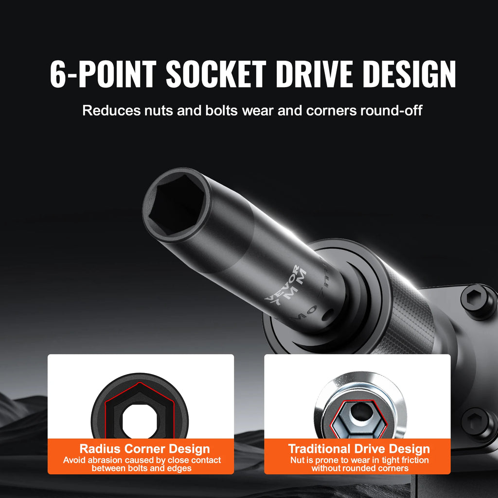 SucceBuy 1/2" Drive Impact Socket Set  6 Point Cr-V Alloy Steel for Auto Repair Easy-to-Read Size Markings Rugged Construction