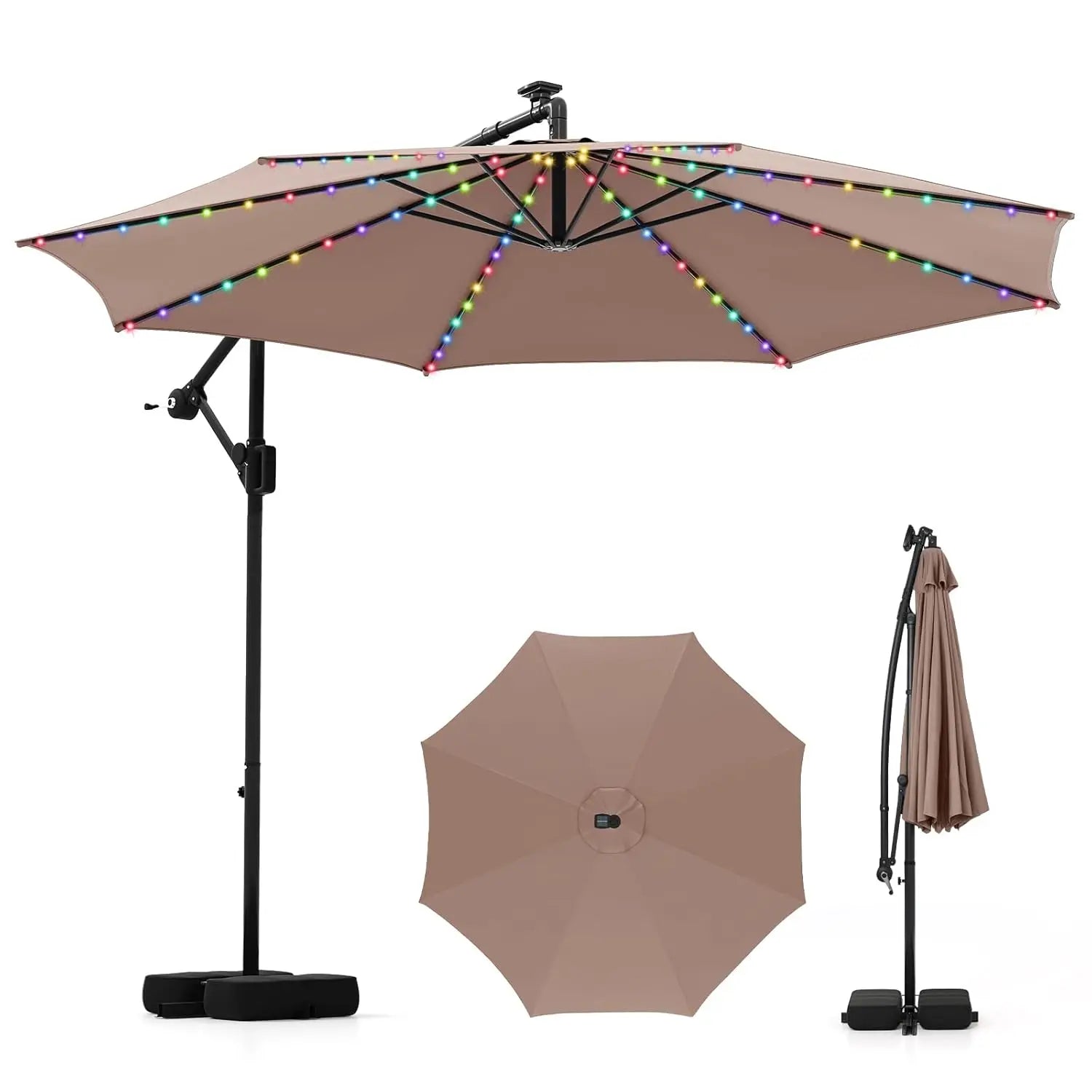 10 FT Solar Patio Umbrella with Base Included, Cantilever Offset Hanging Outdoor Umbrella with 96 Multi-Colored Solar Lights