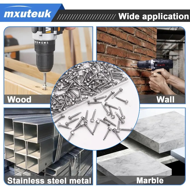 MXUTEUK Stainless Steel Self-Tapping Screws Hexagonal Drill Tail Self Tapping Screw Self Drilling Screw for Wood Sheet Metal Fastener