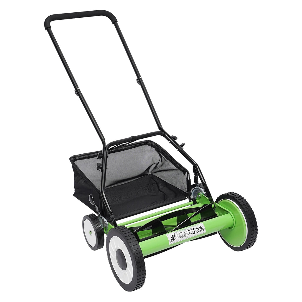Bymaocar 16 Inch Manual Push Reel Lawn Mower 5-Blade Cordless Lawn Mower with 4 Wheels and Removable Grass Catcher for Home Garden Yard