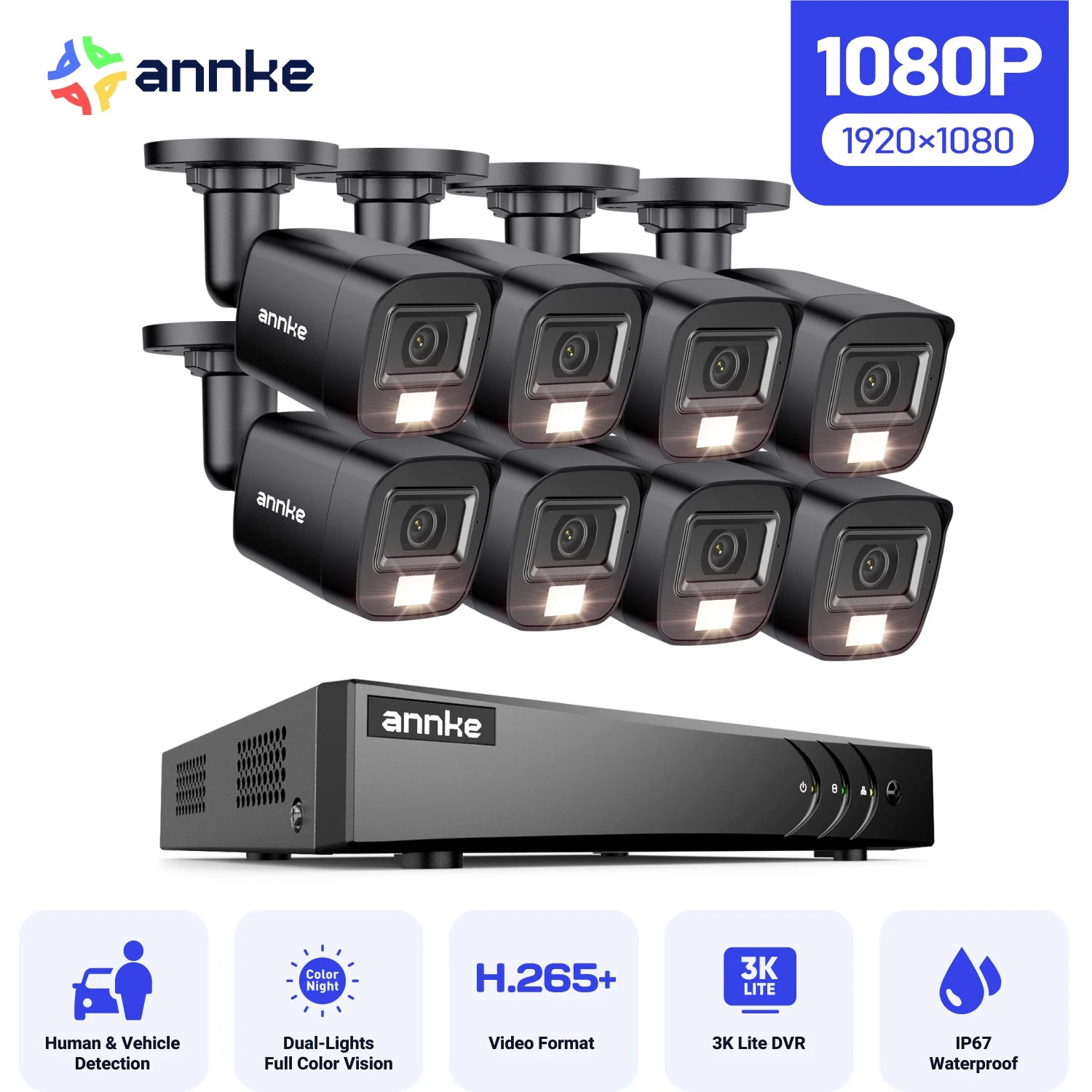 ANNKE 8CH 1080P FHD Video Surveillance System H.265+ 5in1 5MP Lite Recorder 1080P Outdoor Weatherproof Security Camera CCTV Kits