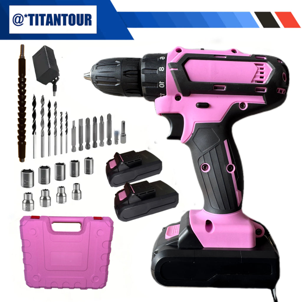 TITANTOUR 24-Piece Set Brushless Industrial Drill Kit 21V Dual Lithium (2×1200mAh) 18+1 Precision Torque 10mm Metal Lock Chuck for Steel
