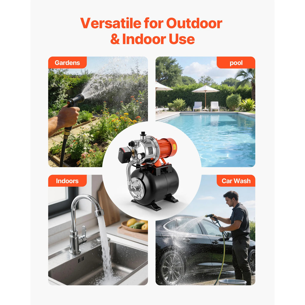 SucceBuy 1.6 HP Shallow Well Pump with Pressure Tank 120V 1320 GPH Stainless with 5Gal Pressure Tank for Home Lawn Potable Water
