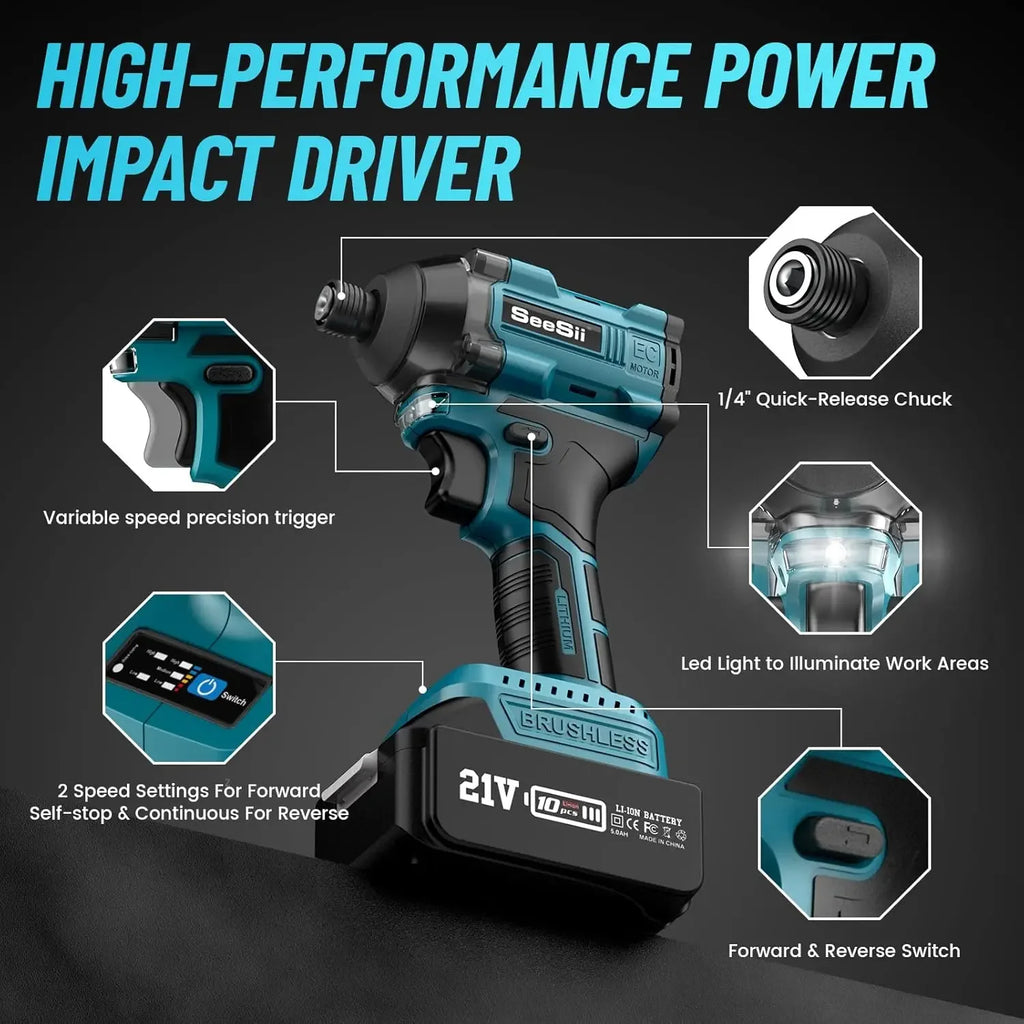 SeeSii Cordless Impact Driver Kit 21V Brushless Electric Wireless Screwdriver 2200 In-Lbs. 1/4' Hex Chuck 0-3000RPM Variable Speed With 2*4.0Ah Batteries 20Pcs Driver Bits LED Light