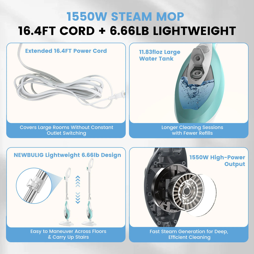 JHK 10-in-1 Multi-Purpose Steam Mop 1550W Detachable Handheld Steam Cleaner for Floor Cleaning 16FT Cord 2 Washable Pads Multi-Purpose