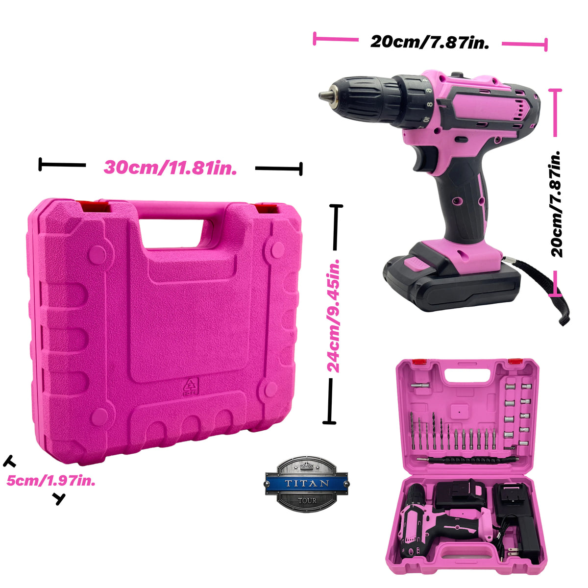 TITANTOUR 24-Piece Set Brushless Industrial Drill Kit 21V Dual Lithium (2×1200mAh) 18+1 Precision Torque 10mm Metal Lock Chuck for Steel