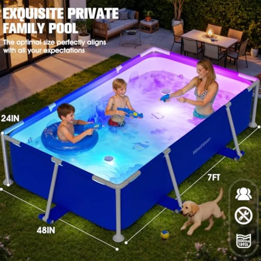 WaveHaven Above Ground Pool for backyard use, steel frame with blue PVC liner, easy-set assembly, 7ft x 4Ft x 24in rectangular family pool