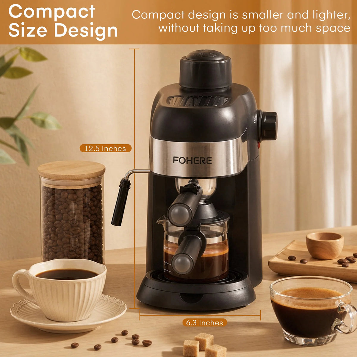 Fohere Steam Espresso Machine, 3.5 Bar 4 Cup, Professional Compact Espresso and Cappuccino Maker with Milk Frother and Carafe for Coffee, Latte and Mocha