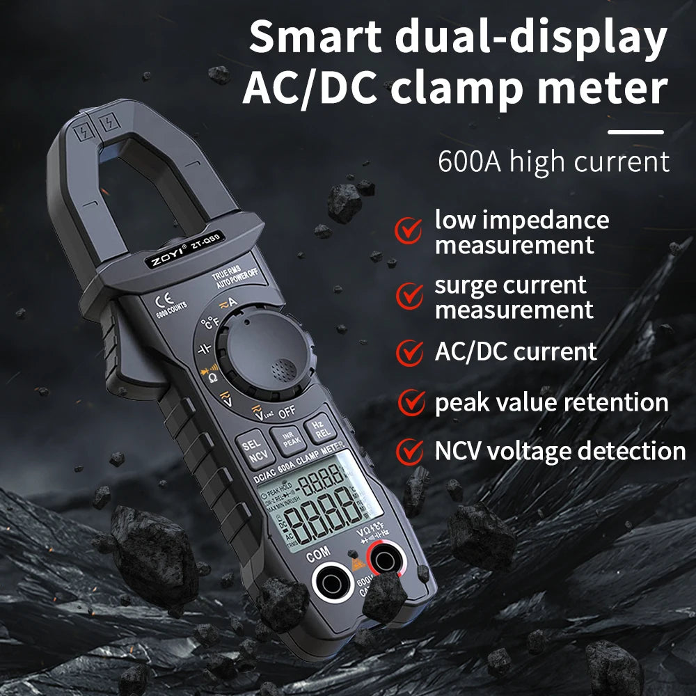 ZOYI Digital Clamp Meter 600A Current True RMS Smart Plier ammeter Auto Rang 6000 Multimeter DC AC Voltage Hz Ohm NCV Tester