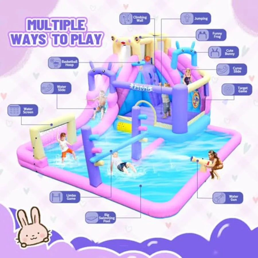 Yao Hui Huang Backyard inflatable bounce house water slide combo: PVC blue/pink/purple/yellow includes climbing wall, basketball hoop, splash pool, water cannon and blower