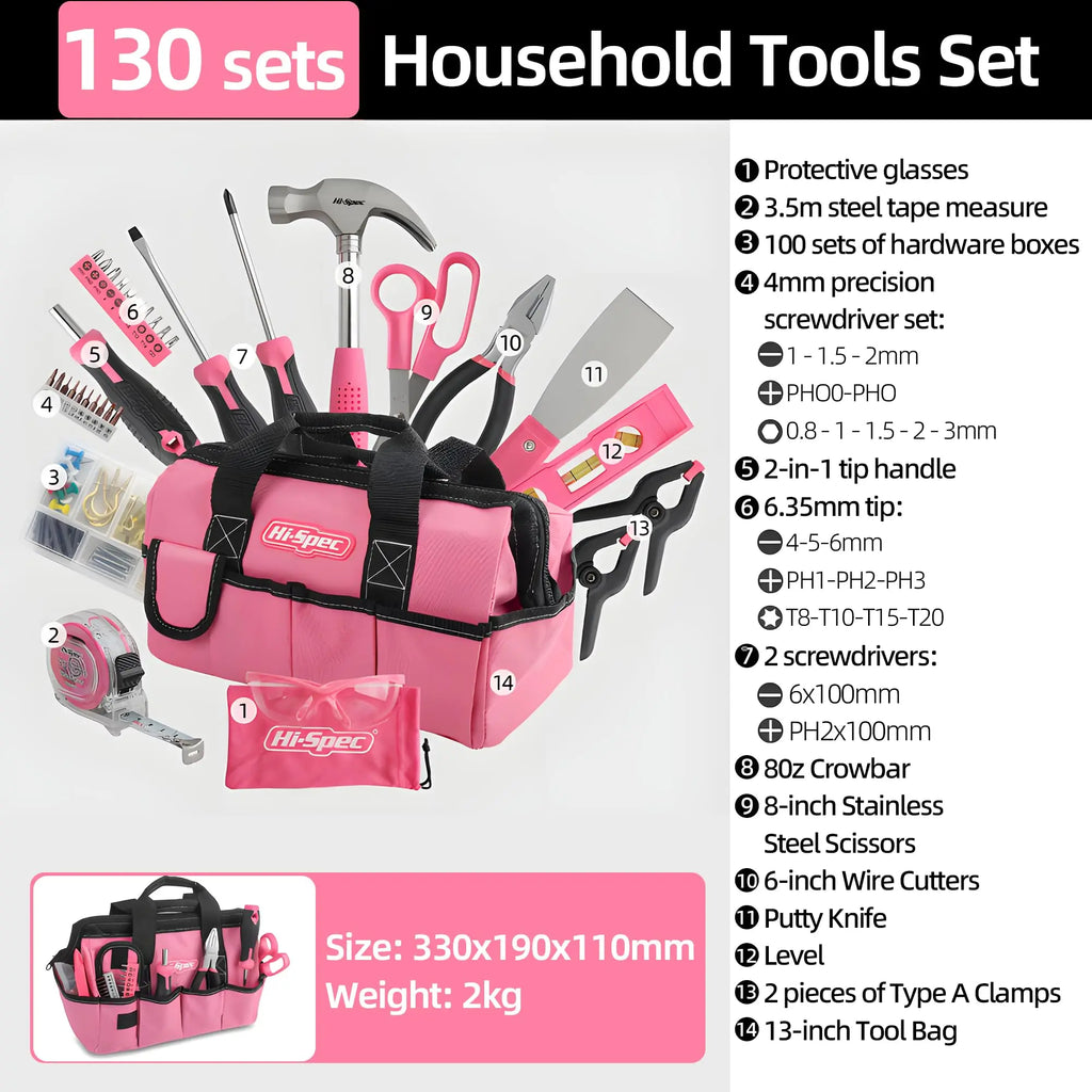 Hi-Spec Household Home Repair Tool Kit 130 Piece General Tools Set With Tool Bag Complete Metric Home Maintenance Kit Pink