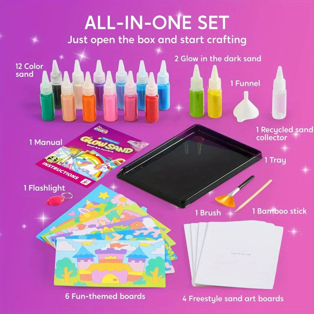 JOYFY Kid "Glow Sand" Sand Art Kits, Glow-In-The-Dark Sand Painting, 14 Colors 6 Fantasy Templates