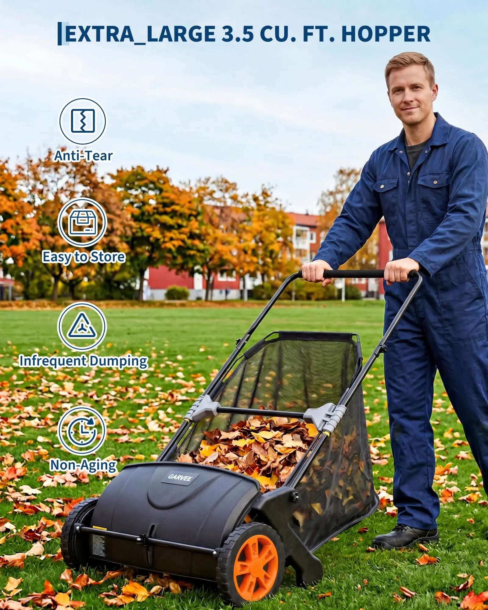 Garvee Manual Lawn Sweeper 21-Inch Push Leaf Sweeper With 4 Brushes, 3.5 Cu. Ft. Hopper, Height Adjustable For Yard, Patio, Driveway