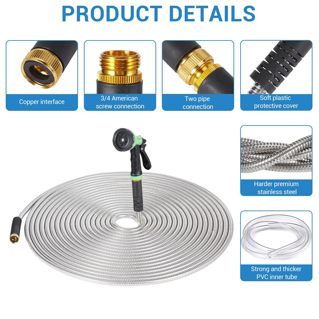 HiMiss 50/100/150FT Stainless Steel Garden Hose With 10-Function Spray Nozzle Kink-Free Metal Water Hose Brass Connectors