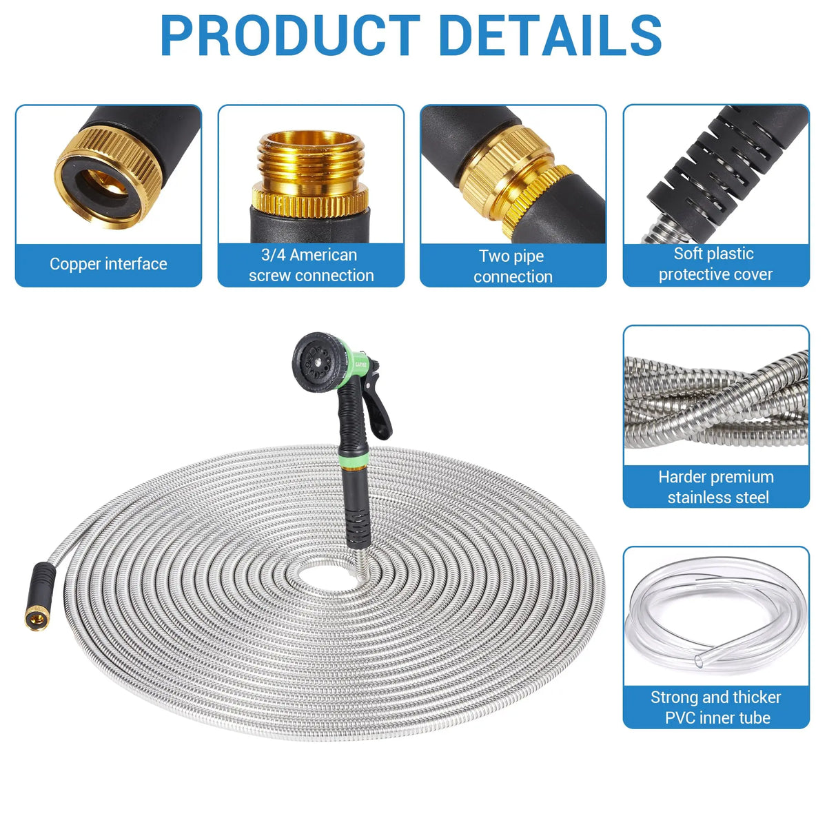 HiMiss 50/100/150FT Stainless Steel Garden Hose With 10-Function Spray Nozzle Kink-Free Metal Water Hose Brass Connectors
