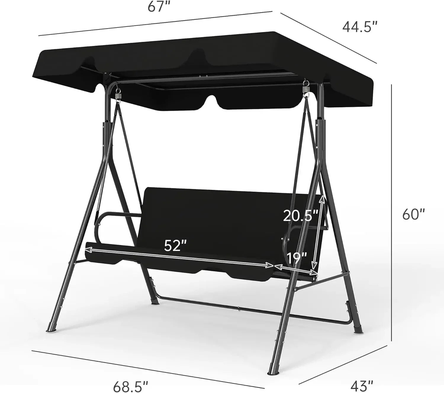 Outdoor Patio Swing W/Adjustable Canopy Heavy Duty Stand Three Persons Deck Lawn Backyard Porch Black
