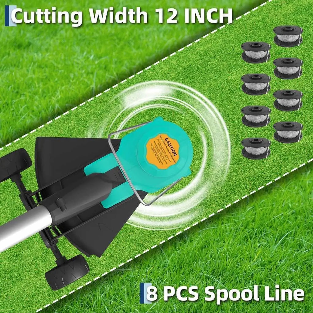 Tacleekii 12" Cordless Weed Wacker String Trimmer Cordless Grass Trimmer with 2 X 2.0Ah Batteries Fast Charger with Wheels