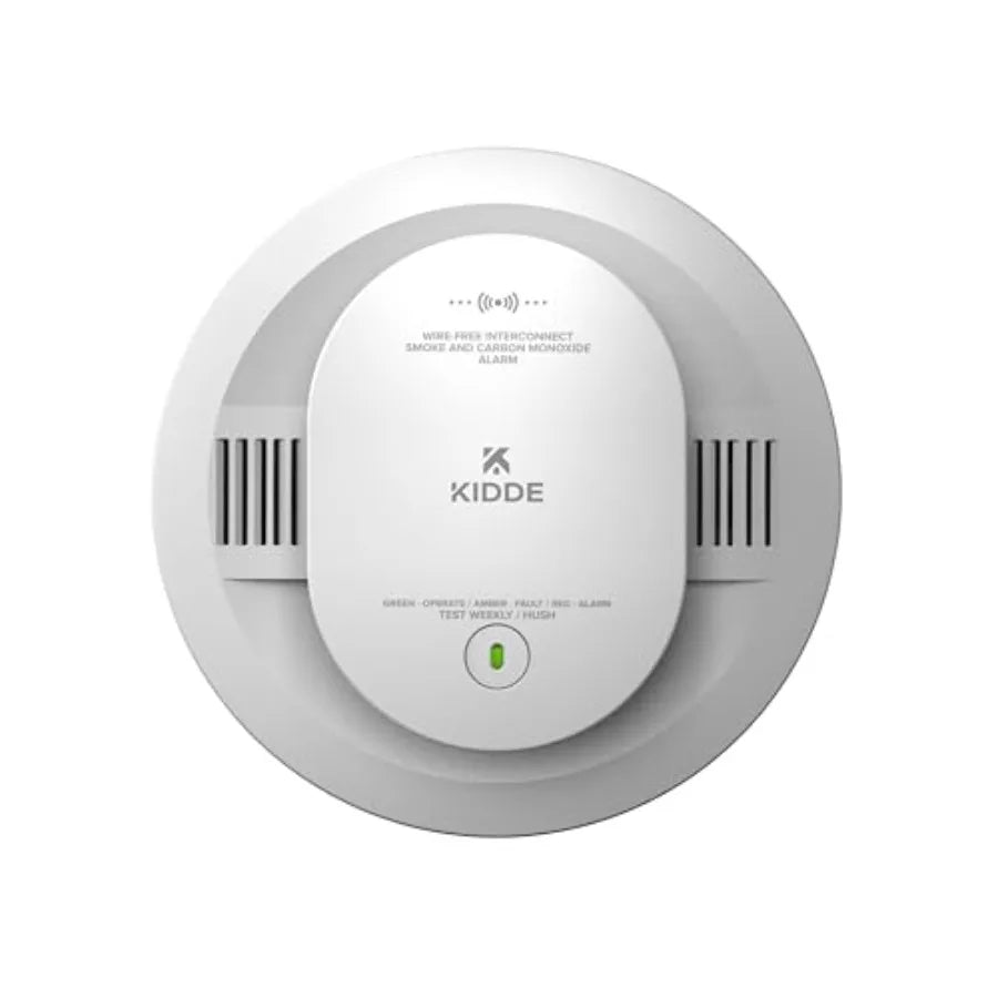 Kidde Smoke and Carbon Monoxide Detector for home safety, plastic housing, white, AA battery-powered with wire-free interconnect, voice alerts