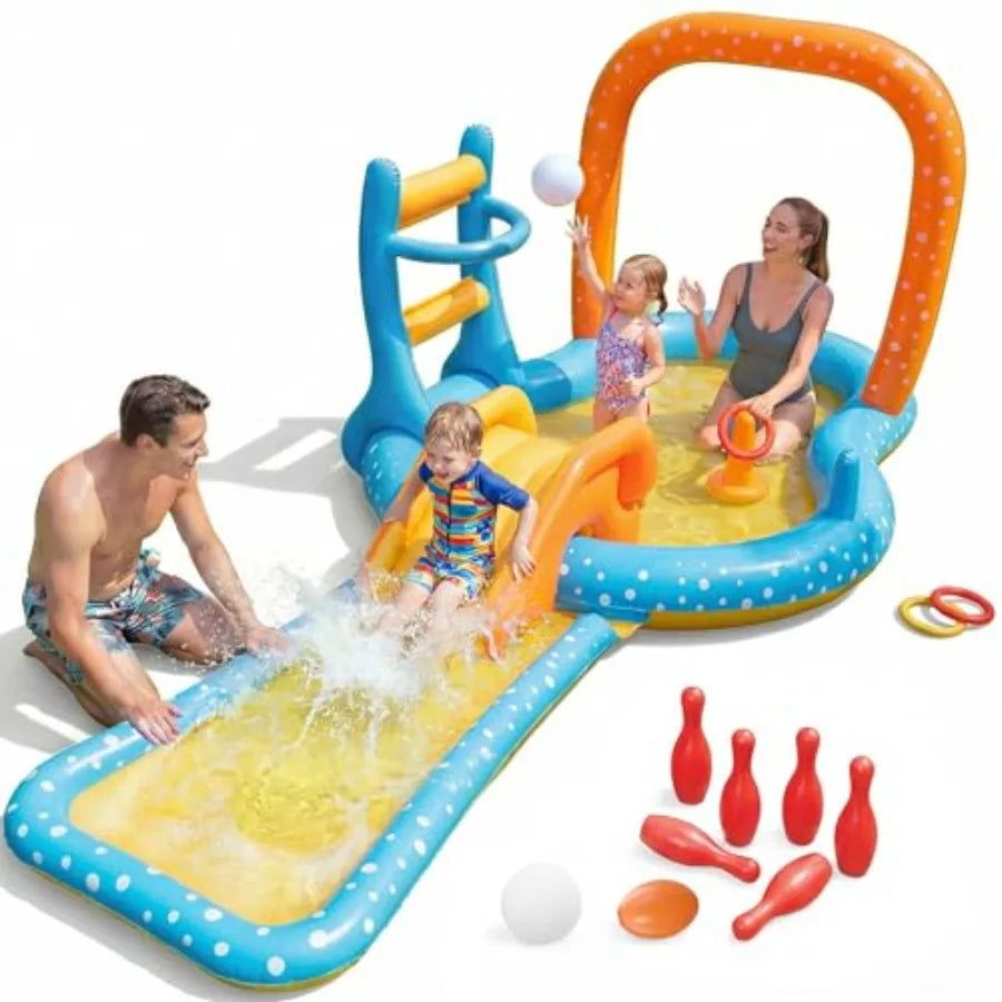Outdoor backyard inflatable kiddie pool with slide for toddlers PVC material blue and yellow quick-inflate design and splash pool Kiddie Pool With Basketball hoop