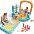 Outdoor backyard inflatable kiddie pool with slide for toddlers PVC material blue and yellow quick-inflate design and splash pool Kiddie Pool With Basketball hoop