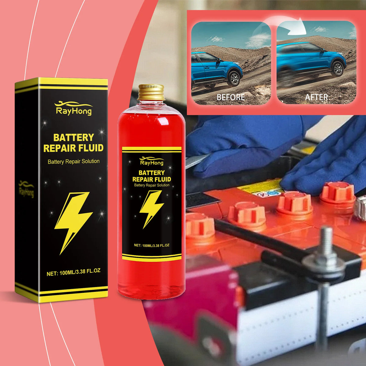 RayHong Concentrated Safe Car Battery Restore Refill Solution Auto Lead Acid Battery Additive Repair Fluid Reconditioning Solution Corrosion Inhibitor Dispersant Car Accessories 100ml