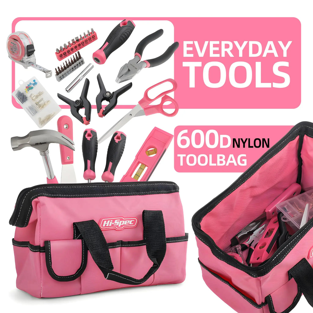 Hi-Spec Household Home Repair Tool Kit 130 Piece General Tools Set With Tool Bag Complete Metric Home Maintenance Kit Pink
