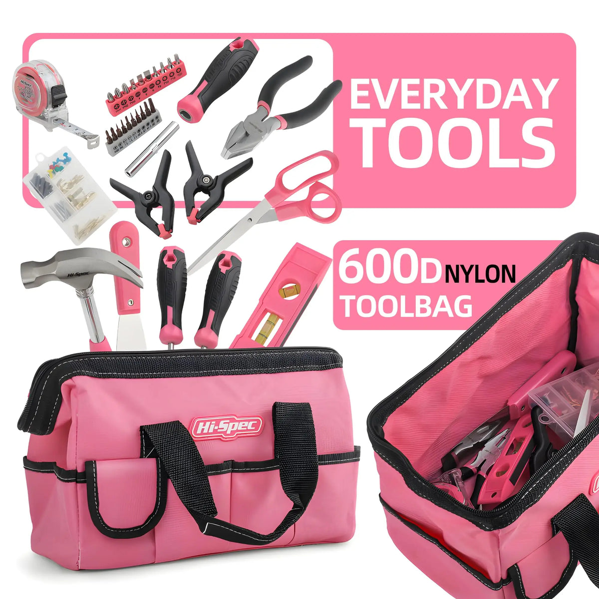 Hi-Spec Household Home Repair Tool Kit 130 Piece General Tools Set With Tool Bag Complete Metric Home Maintenance Kit Pink