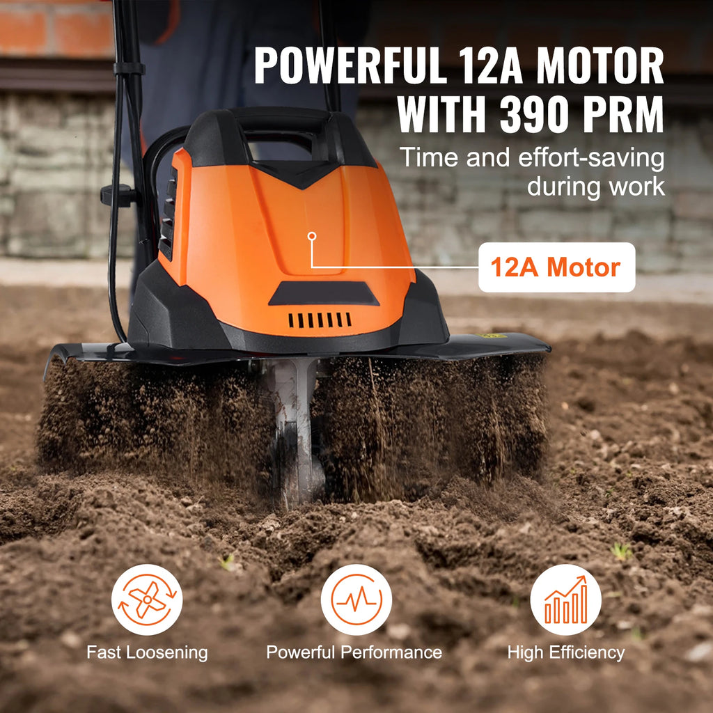 12 Amp Tiller, 18" Tilling Width, 3.94" Tilling Depth, Corded Electric, Steel Tines