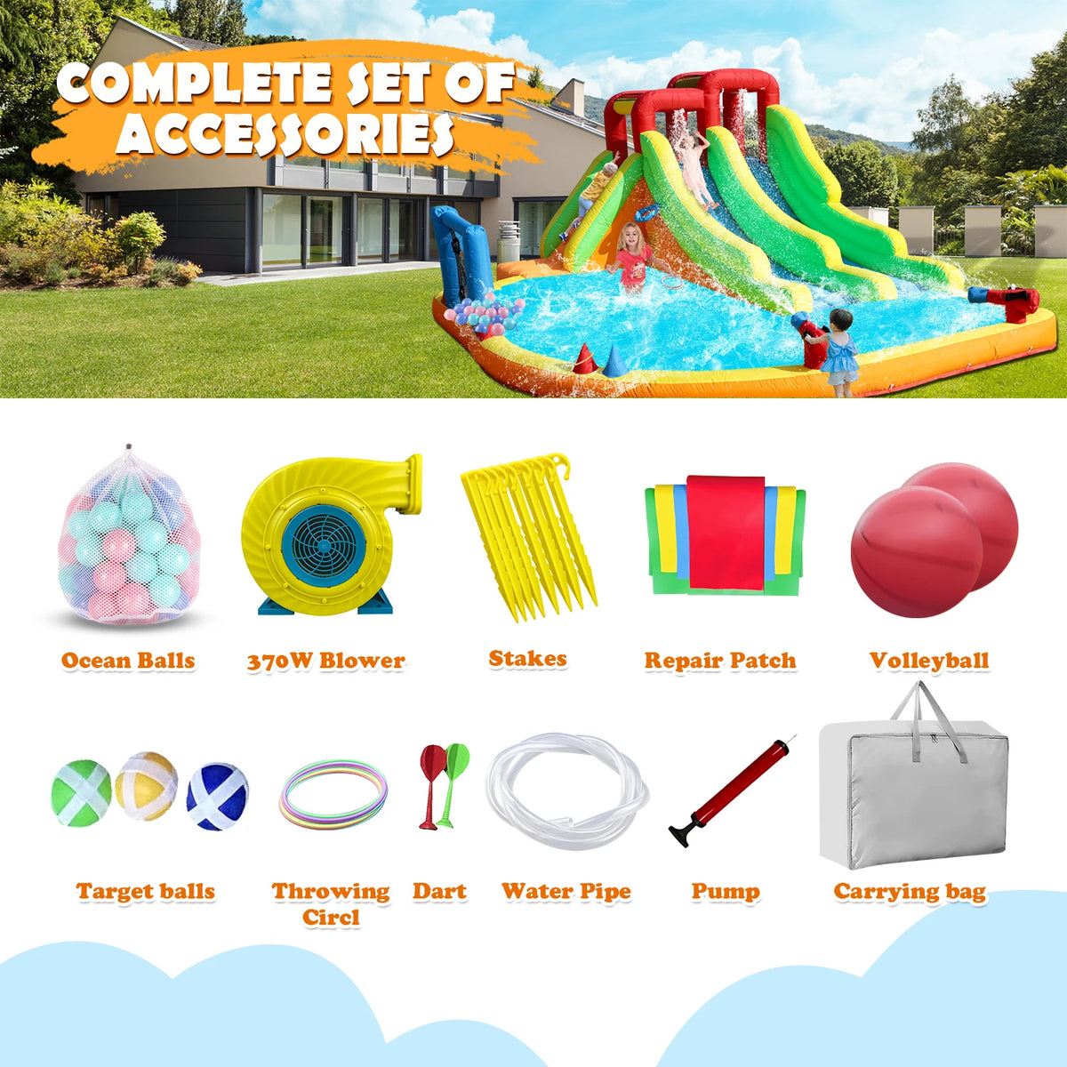 Giant Inflatable Dual Lane Water Slide with Splash Pool Wet/Dry Combo Water Cannons Backyard Family Party 580x350x250cm