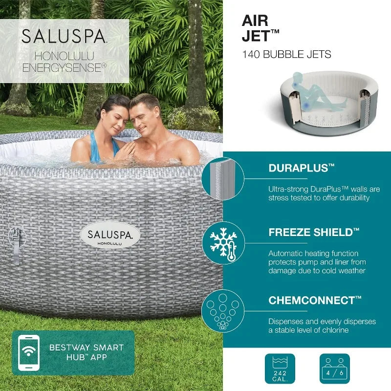 Bestway SaluSpa Honolulu 4-to-6 Person Inflatable Hot Tub, Round Energy-Efficient Portable Outdoor Spa with 140 Air Jets, 77" x 28"