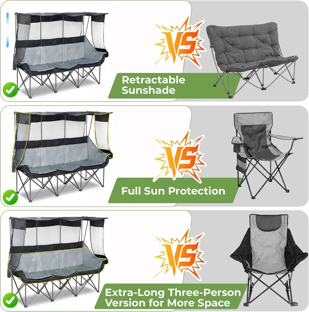 Oversized 3 Person Camping Chair with Canopy Shade, Fully Padded, Folding Outdoor Chair for Camping, Lawn, Backyard