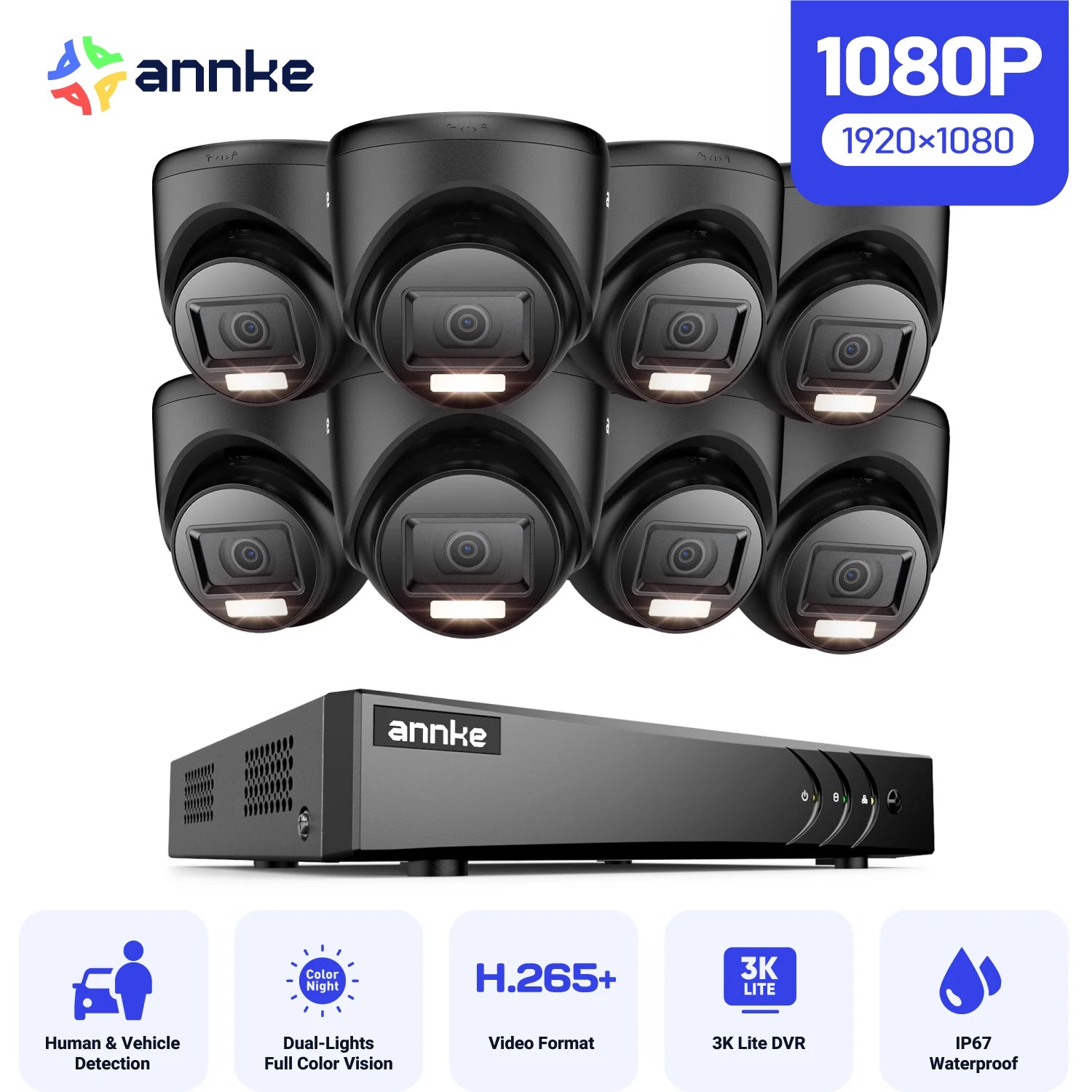 ANNKE 8CH 1080P FHD Video Surveillance System H.265+ 5in1 5MP Lite Recorder 1080P Outdoor Weatherproof Security Camera CCTV Kits
