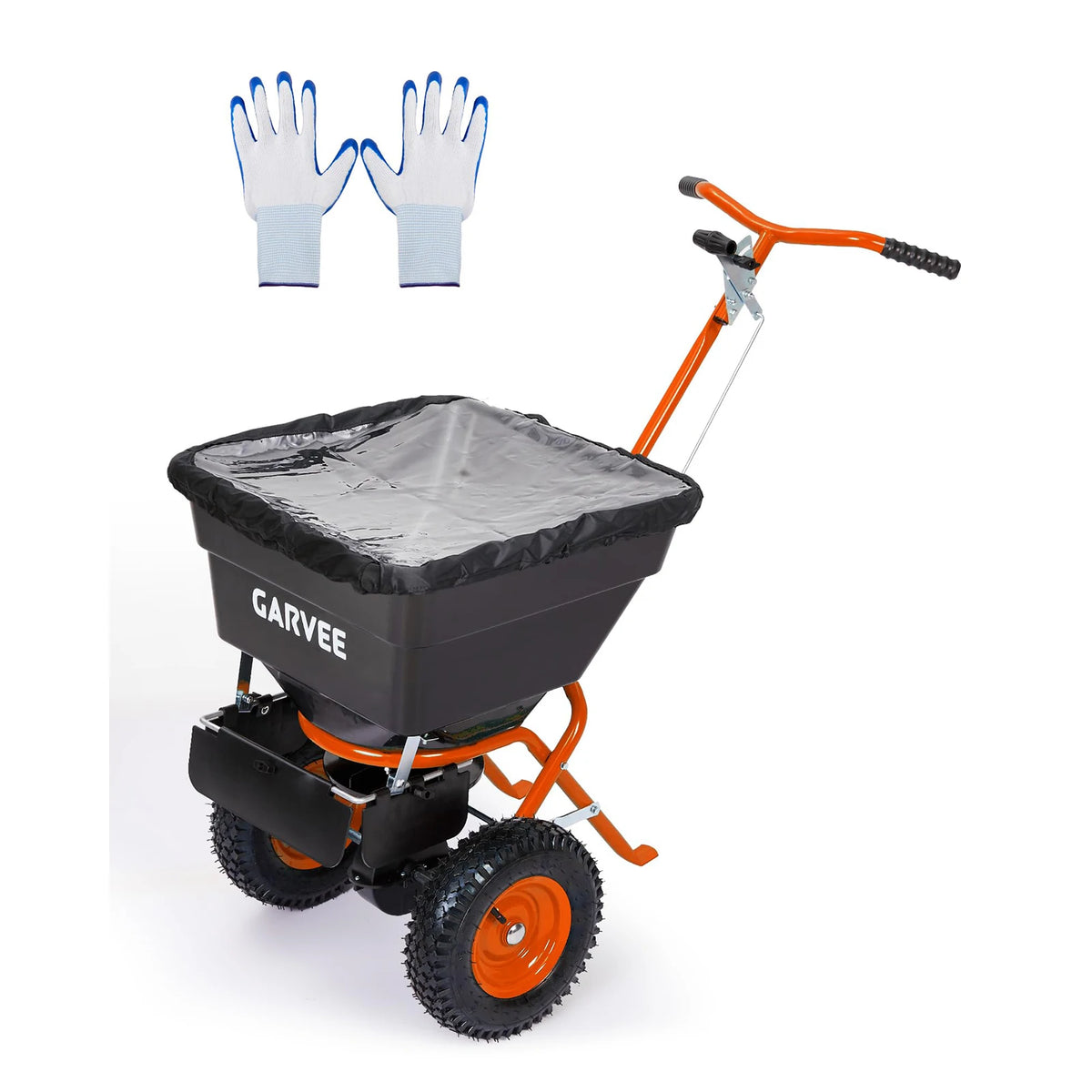 HiMiss Push Lawn Spreader 100lb Broadcast Spreader With Rain Cover Gloves 12ft Spread Width Adjustable Seed Fertilizer Salt Spreader