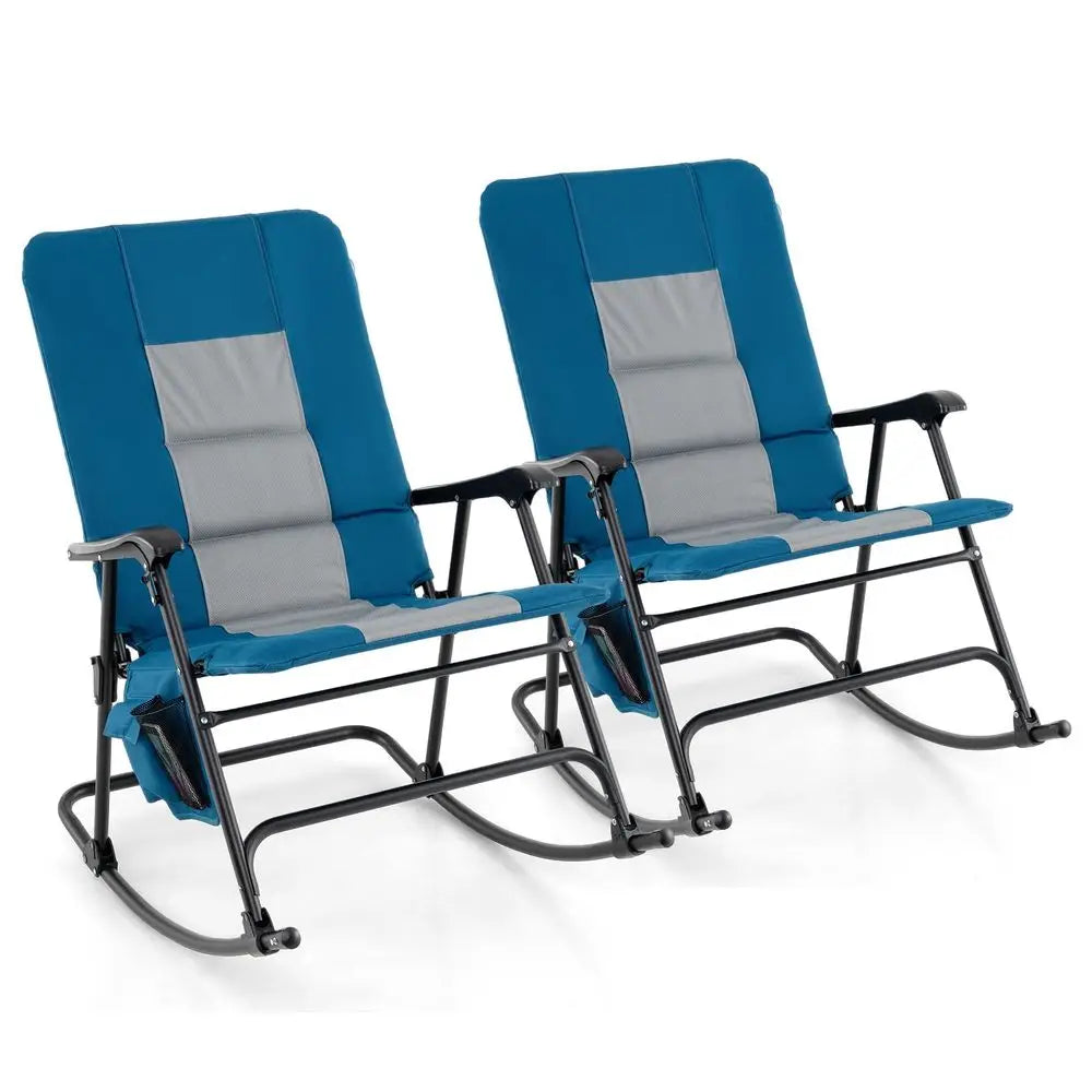 Oversized Folding Rocking Chair, Padded Patio Lounge Rocker w Metal Frame, Armrests, Side Pocket, Lightweight Portable Rocking