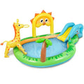 Sulifeel Zoo-Themed Inflatable Play Center Kiddie Pool with Slide and Sprinkler for Backyard and Garden Use PVC Material Blue, Green, Yellow