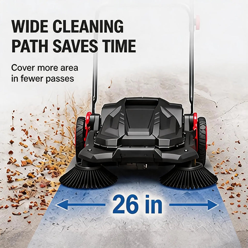 Twister.Ck 26" Hand Push Walk-Behind Sweeper, 5-Gallon Debris Container, Multi-Adjustable Folding Handle — Lifts Flattened Grass & Sweeps Debris