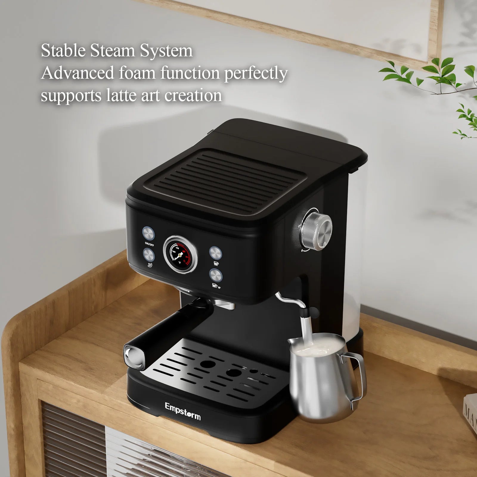Empstorm Household Electric Semi-automatic Espresso Machine Brewing System Milk Frother Stainless Steel 20 Bar Pump Type Temperature Control Device for Hotels,with Top Cup Warmer & Washable Drip Tray,sturdy Build,ideal Gift f