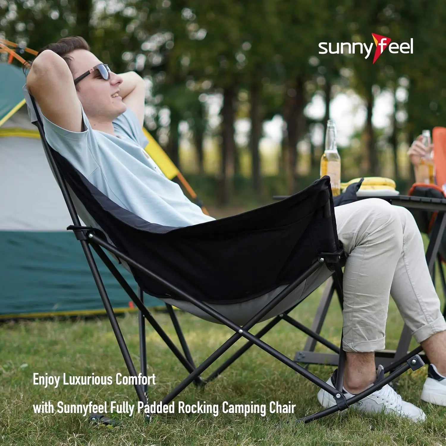 Oversized Rocking Camping Chair, Fully Padded High Back Patio Recliner with Headrest, Heavy Duty 500 LBS Capacity, Portable Lawn