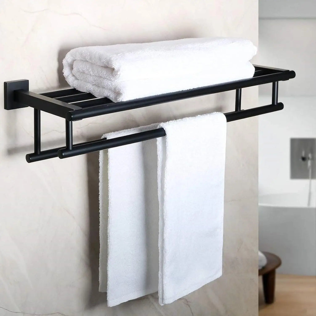 Alise Double Towel Rack for Bathroom Wall Mounted,24 Inch Bathroom Tower Holder Black Towel Rack with Double Towel Bars, Stainless Steel Towel Bar Towel Rack with Shelf, Matte Black