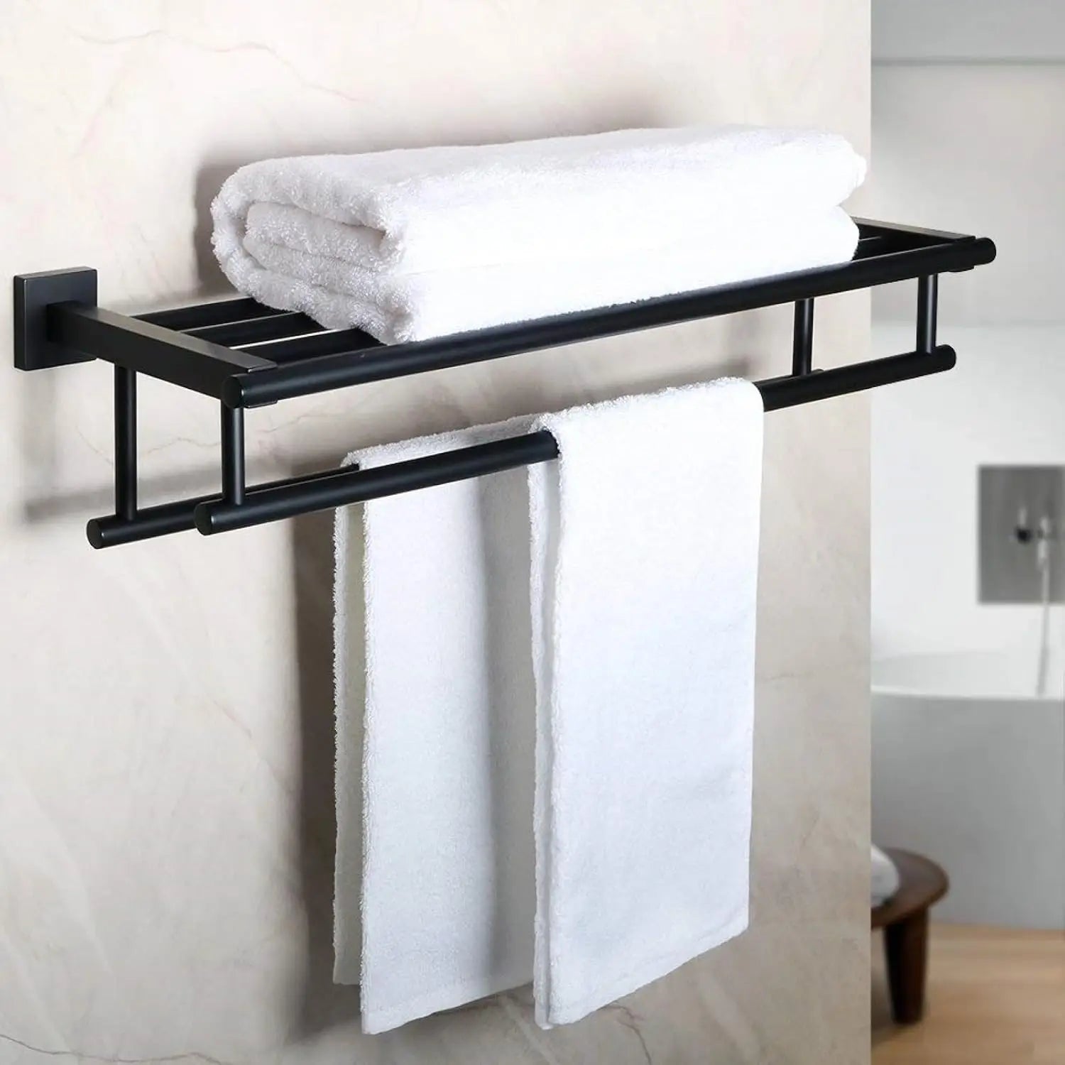 Alise Double Towel Rack for Bathroom Wall Mounted,24 Inch Bathroom Tower Holder Black Towel Rack with Double Towel Bars, Stainless Steel Towel Bar Towel Rack with Shelf, Matte Black