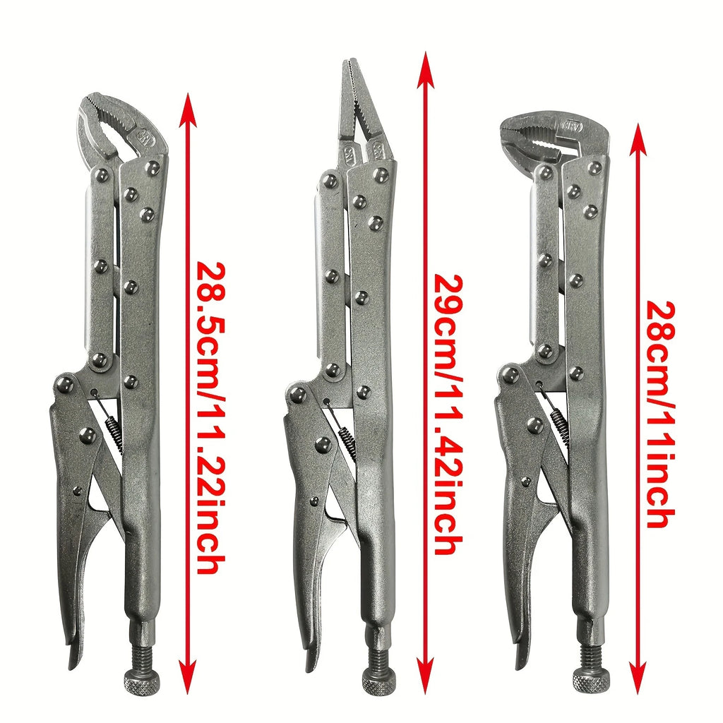 GOSWIFT 3 Pieces 1/2" 3/8" 1/4" 100-Tooth Quick-Release Ratchet-Wrench Set And 3 Pieces 12" Locking Pliers Set - Straight/45°/90° Angled Jaws for Hard-to-Reach Gripping & Clamping