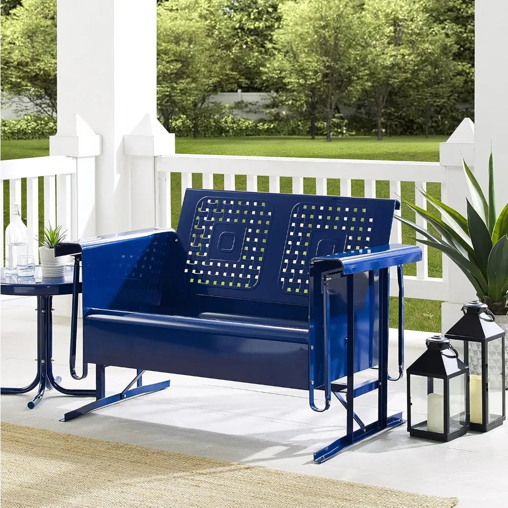 Bates Retro Metal Outdoor Loveseat Glider, 2-Person Rocking Patio Bench for Porch, Deck, Navy Gloss