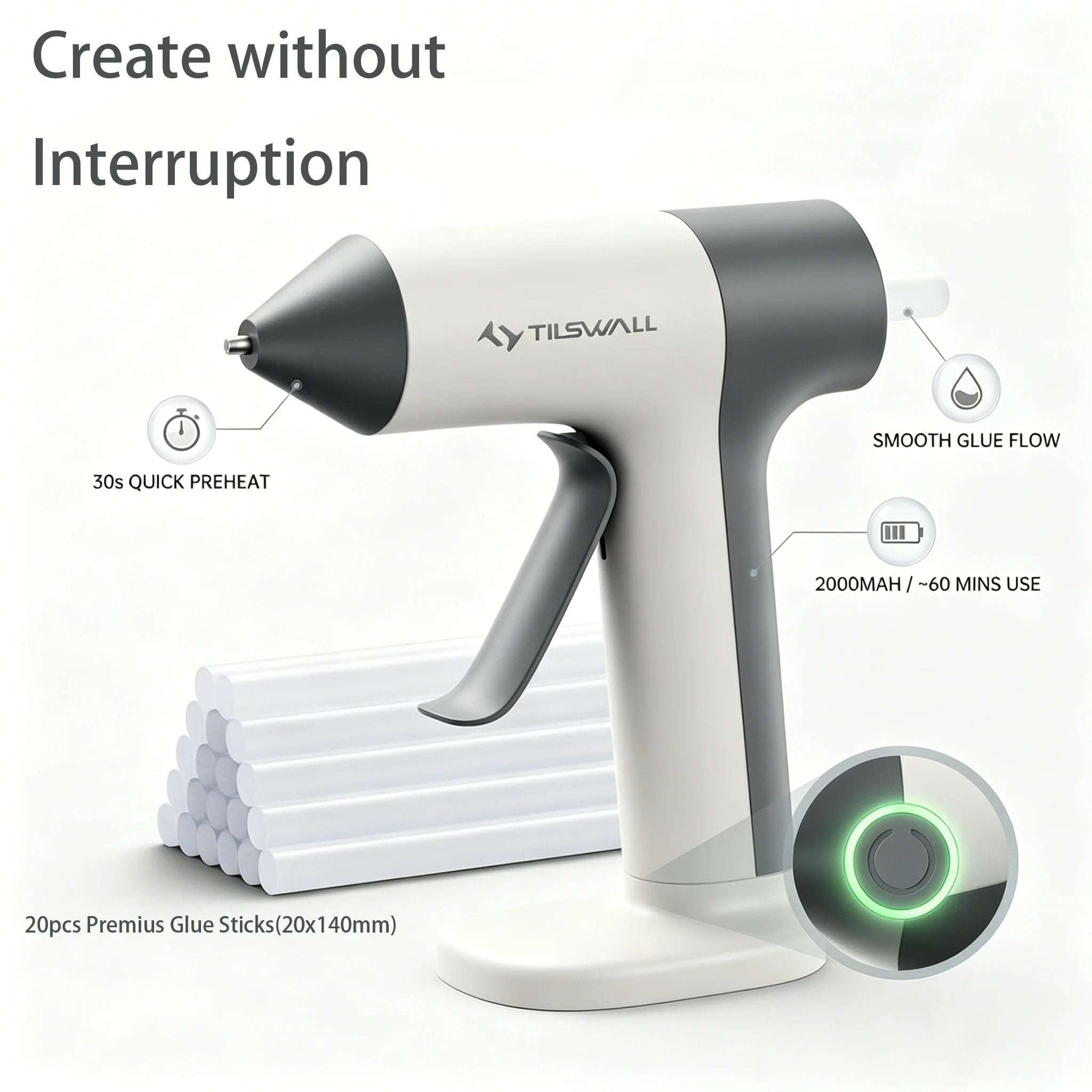 Electric Hot Melt Glue Gun 30s Fast Heating Cordless Glue Gun With 20pcs Glue Sticks 2000mAh Type-C Rechargeable Hot Melt Glue Gun 1.7mm Precision Nozzle For DIY Craft Home Repair Quick Repairs
