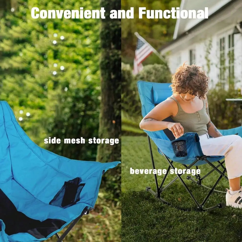 Folding Rocking Camping Chair For Adults Portable Oversized Heavy-Duty Design With Built-in Cup Holder, Cooler Bag Side Pocket